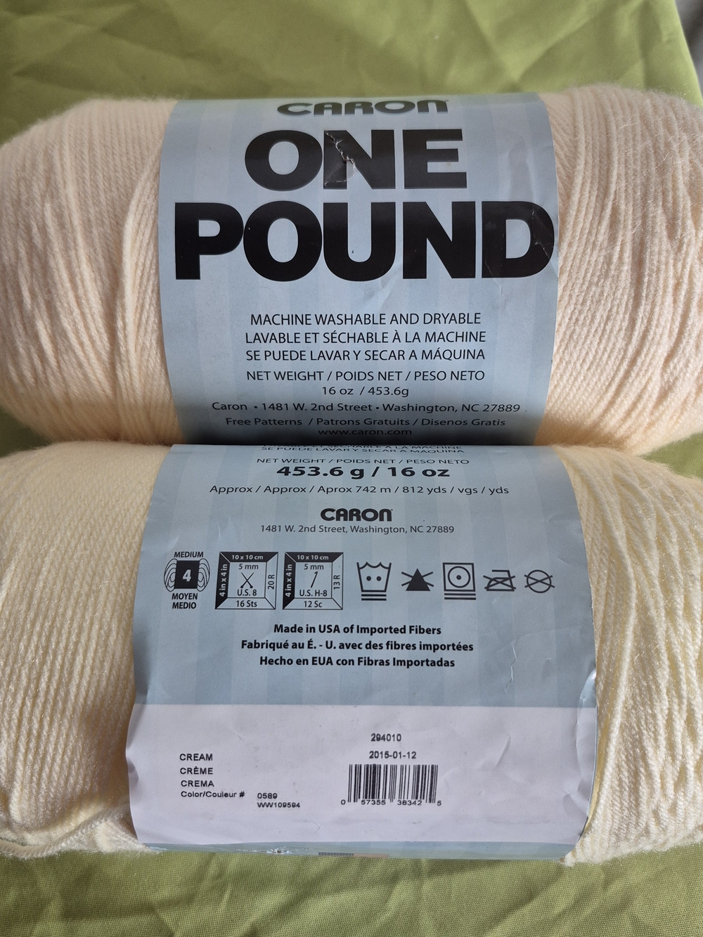 Caron One Pound (0589) Cream Yarn - Set of 2 Skeins